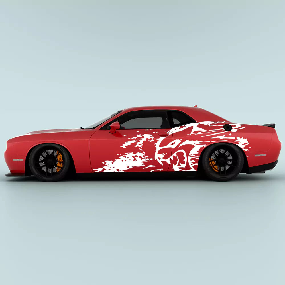 White Hellcat Splash Grunge Side Decal Kit for Dodge Challenger 2015-2023 driver and passenger side doors