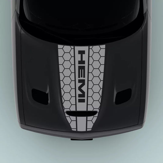 Gray Hemi Text Honey Comb Style hood decal for 2015-2023 Dodge Challenger hood
