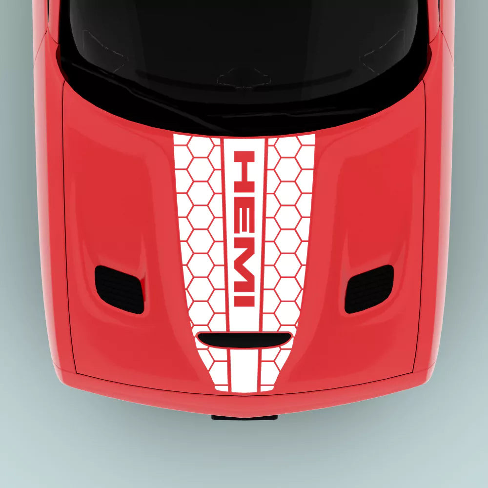 White Hemi Text Honey Comb Style hood decal for 2015-2023 Dodge Challenger hood
