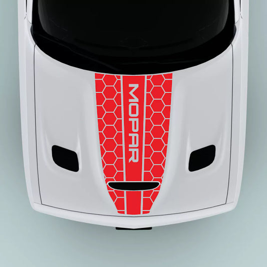 2015-2023 Dodge Challenger Mopar Text Honey Comb Style hood decal in red