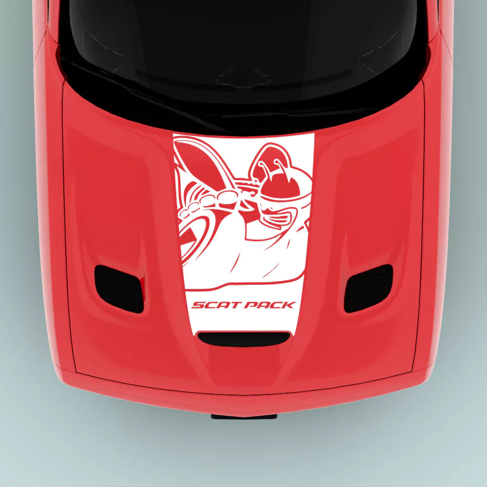 White Scat Pack Bee Text hood decal for 2015-2023 Dodge Challenger