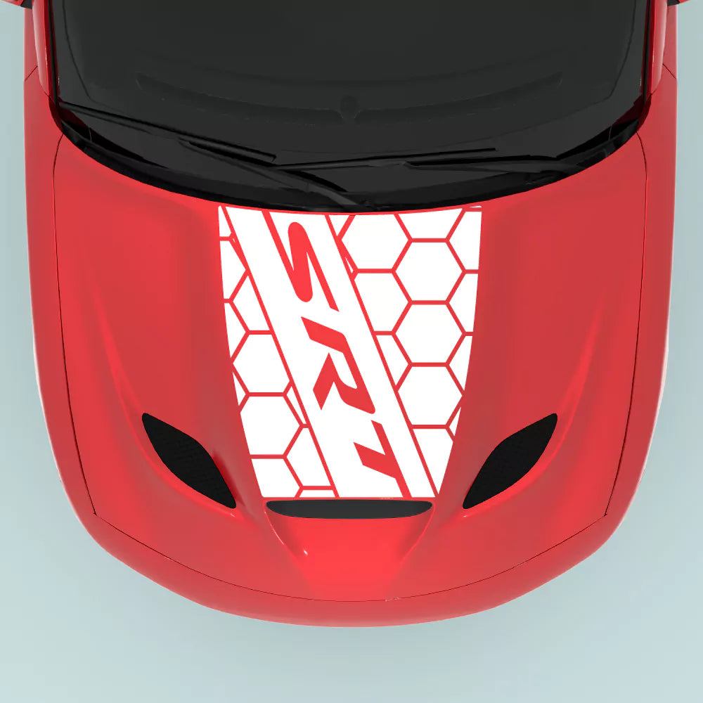 2015 2023 Dodge Charger SRT text honeycomb hood decal in white for hood center placement