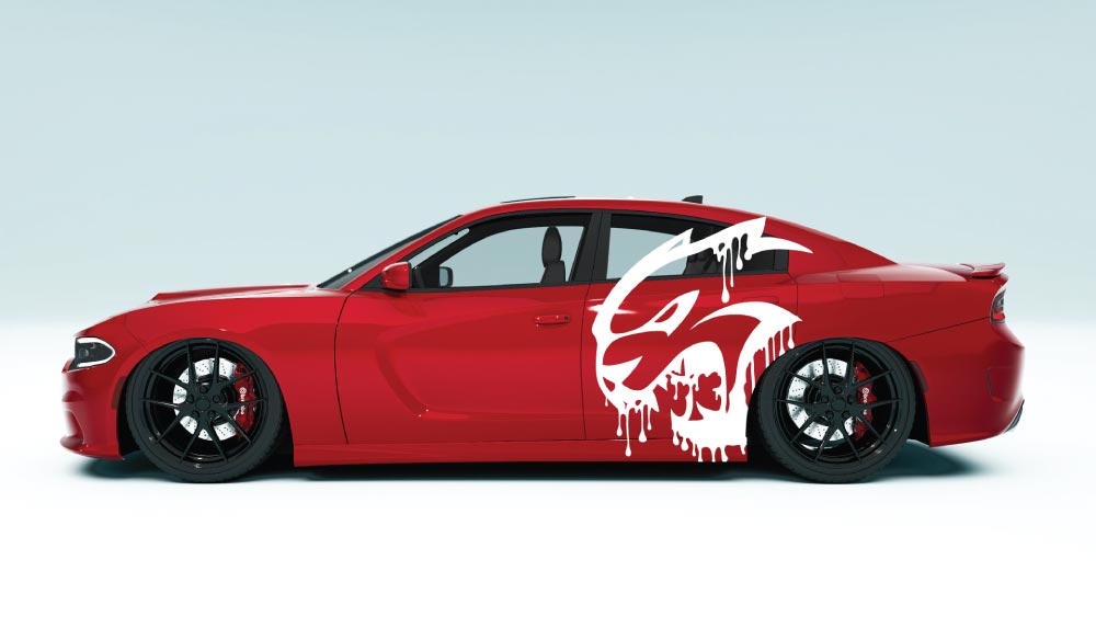 Full side profile of red Dodge Charger with DripCat XL bold side decals installed