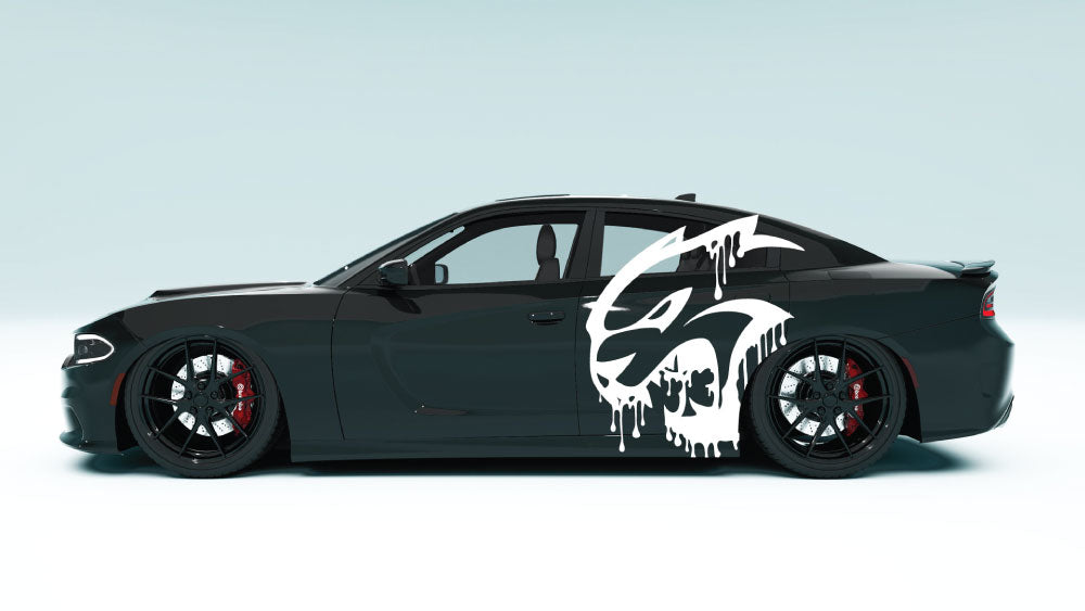 DripCat XL side decal on black Dodge Charger showing detailed dripping cat vinyl graphics