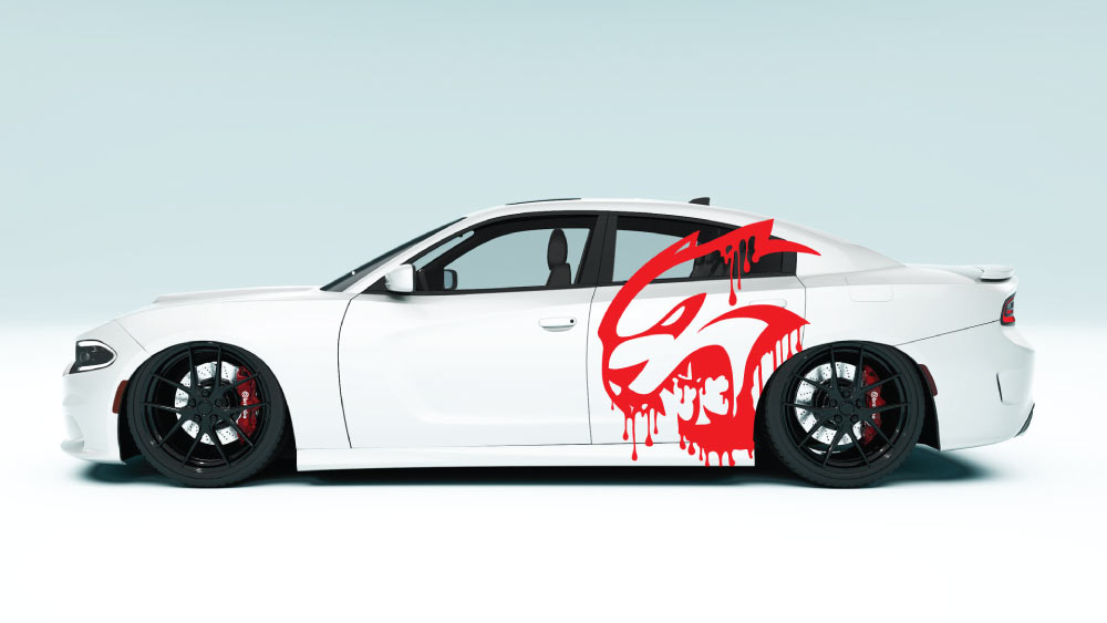 Close-up of DripCat XL vinyl side graphics on white Dodge Charger with smooth application