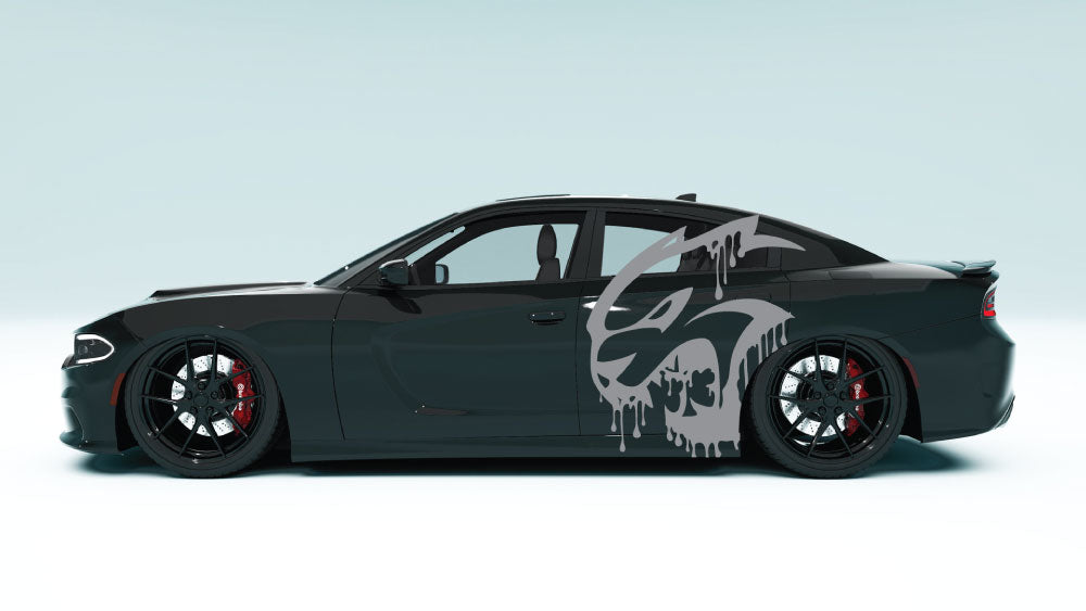 DripCat XL side decal on black Dodge Charger showing detailed dripping cat vinyl graphics