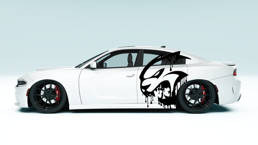 Close-up of DripCat XL vinyl side graphics on white Dodge Charger with smooth application