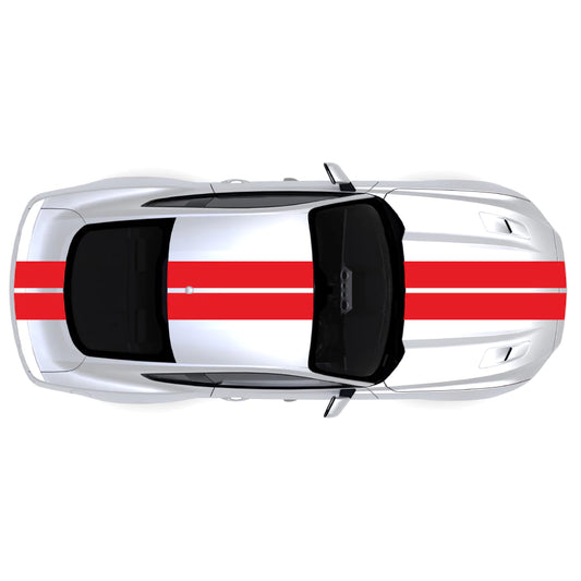 2015-2023 Ford Mustang full body dual racing stripes decal kit in red, shown across bumper, hood, roof, and trunk.