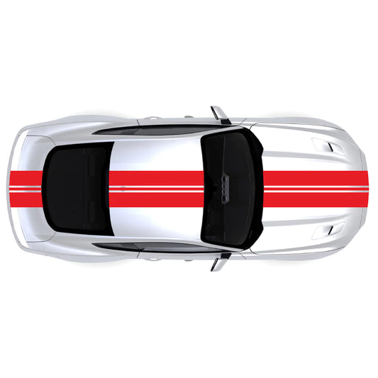 2015-2023 Ford Mustang with red full body racing stripes decal kit across front bumper, hood, roof, trunk, and back bumper.