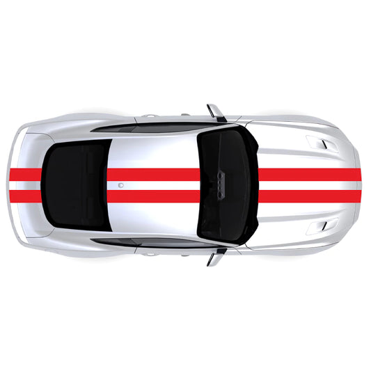 2015-2023 Ford Mustang with red full body twin racing stripe decals across front bumper, hood, roof, trunk, and rear bumper.