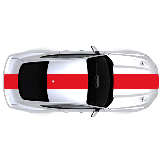 2015-2023 Ford Mustang red single full body center racing stripe decal kit across front bumper, hood, roof, trunk, and back bumper