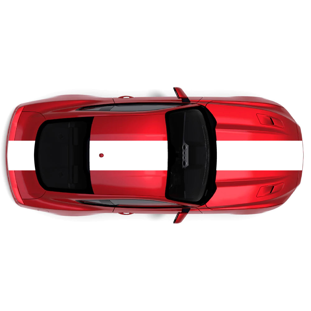 2015-2023 Ford Mustang white single full body center racing stripe decal kit across front bumper, hood, roof, trunk, and back bumper