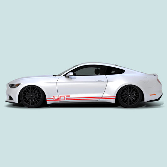 2015-2023 Ford Mustang with red Mustang GT Text Rocker Stripes for rocker panel placement
