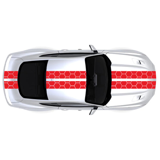 2015-2023 Ford Mustang Honey Comb Style Full Body Stripes decal kit in red on front bumper, hood, roof, trunk, and back bumper