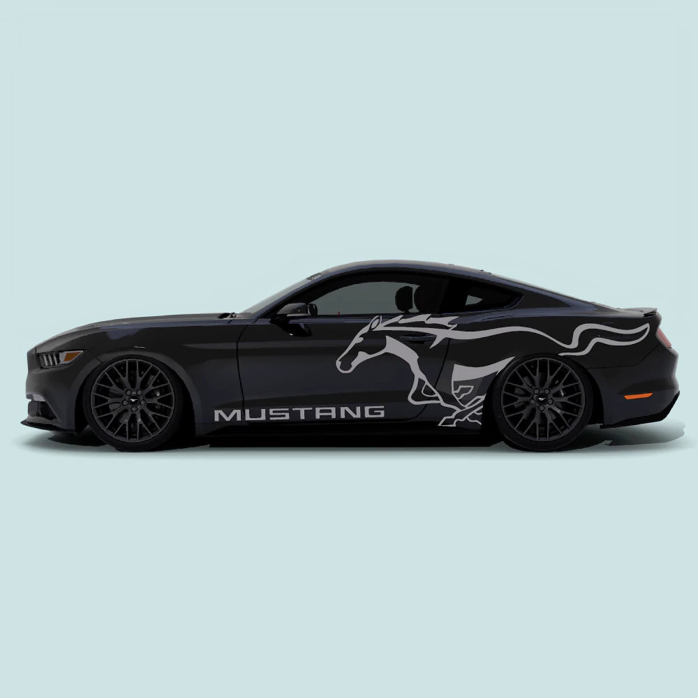 2015-2023 Ford Mustang with grey Running Pony Emblem side decals on doors and rear quarter panels