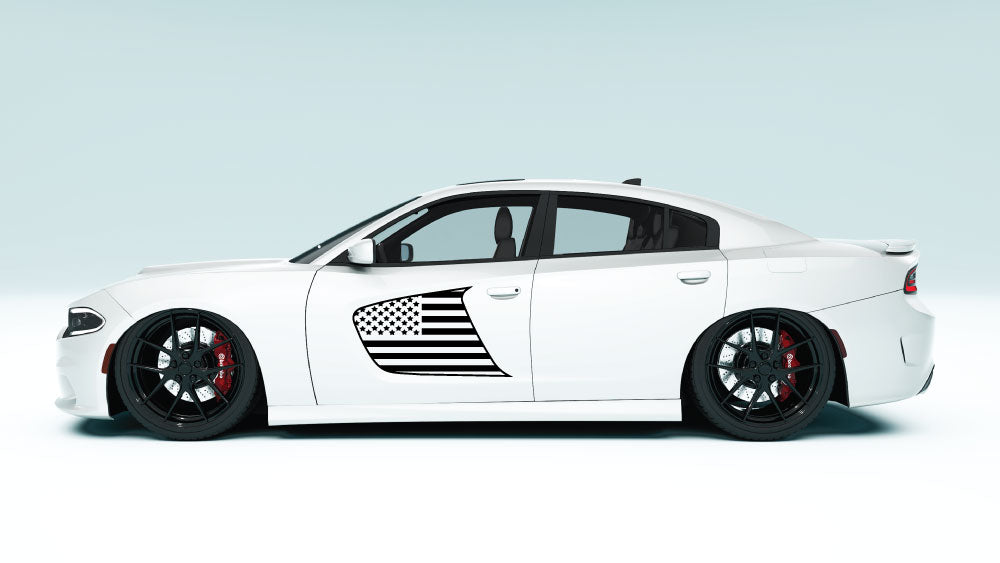 Front Door Scalp USA Flag Decals & Graphics for Dodge Charger - black decals on white car