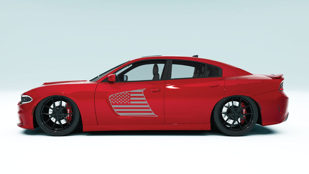 Front Door Scalp USA Flag Decals & Graphics for Dodge Charger - gray decals on red car