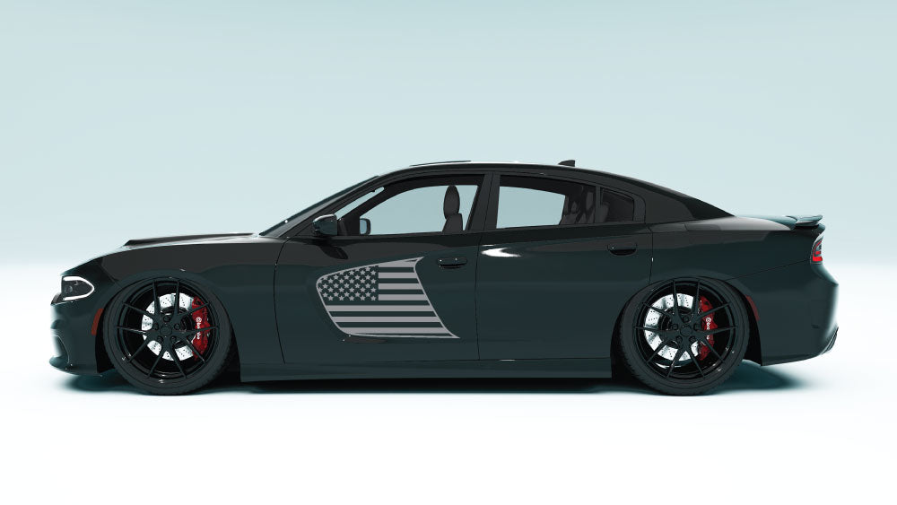 Front Door Scalp USA Flag Decals & Graphics for Dodge Charger - gray decals on black car