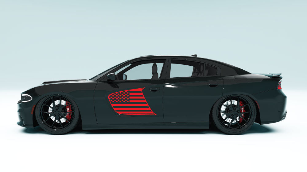 Front Door Scalp USA Flag Decals & Graphics for Dodge Charger - red decals on black car