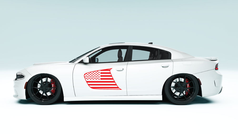 Front Door Scalp USA Flag Decals & Graphics for Dodge Charger - red decals on white car