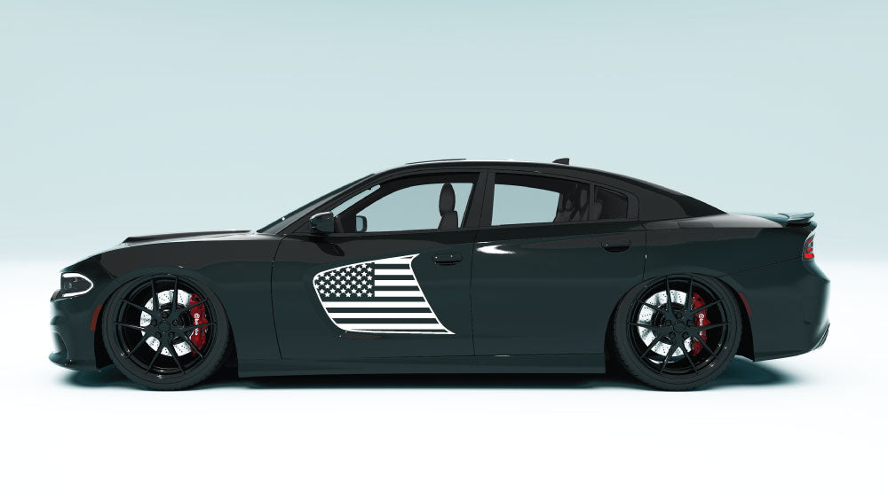 Front Door Scalp USA Flag Decals & Graphics for Dodge Charger - white decals on black car