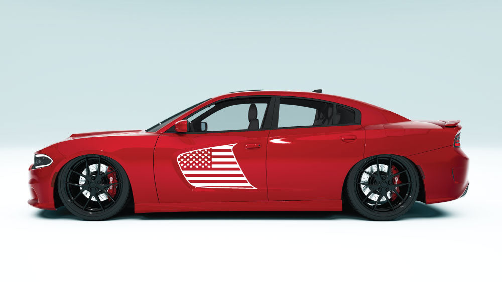 Front Door Scalp USA Flag Decals & Graphics for Dodge Charger - white decals on red car