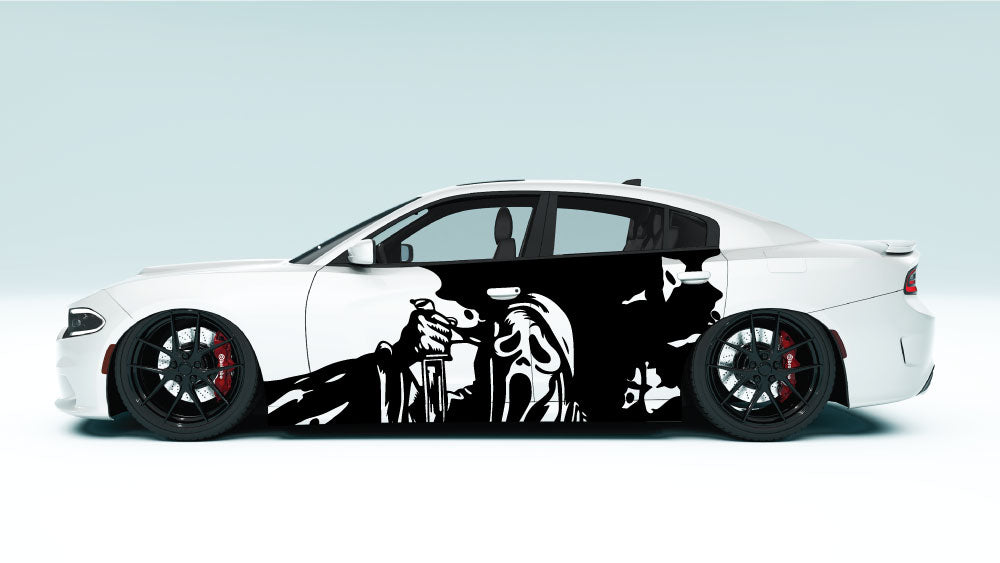 Side profile view of universal Ghost Face decals on muscle car – full-length application