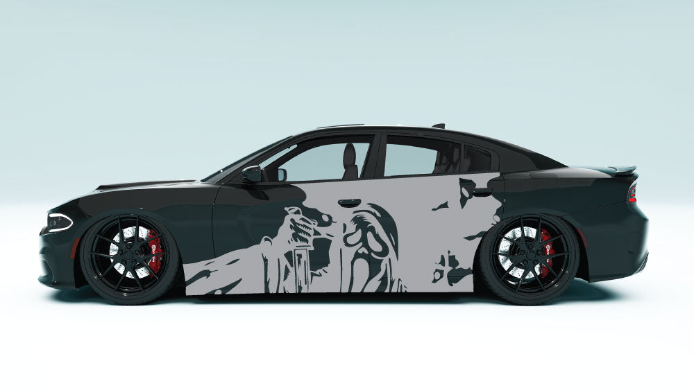 Ghost Face XL side decal installed on black sports car – aggressive front angle view