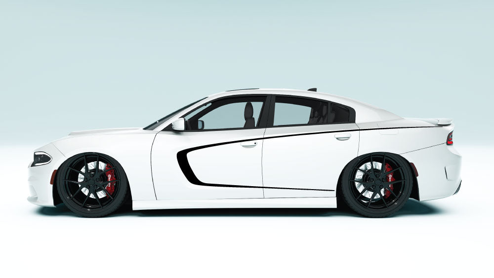 Inner Scallop Side Stripes for Dodge Charger - black decals on white car