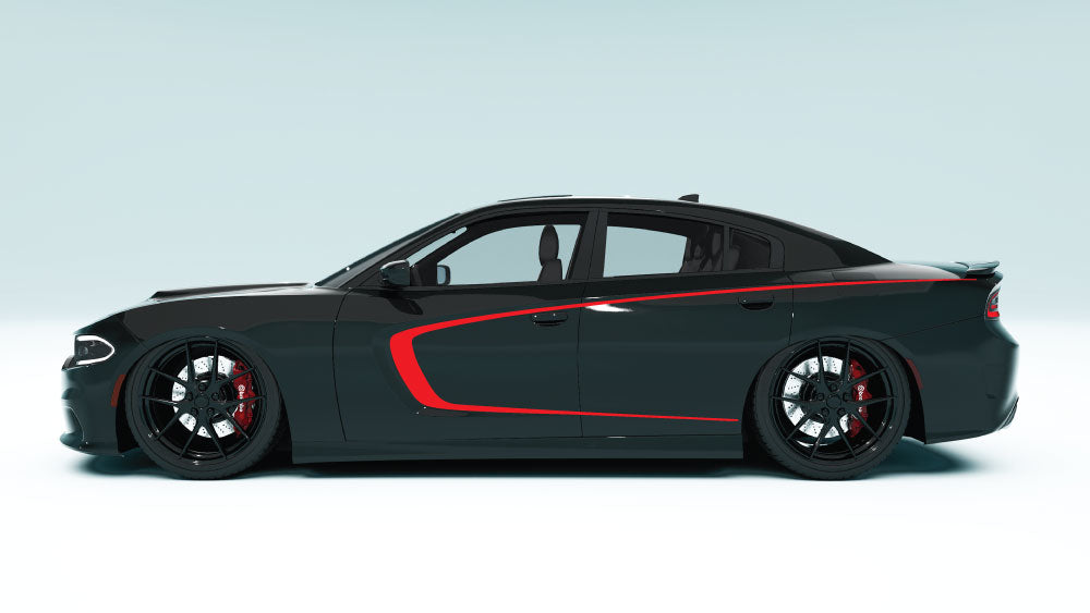 Inner Scallop Side Stripes for Dodge Charger - red decals on black car