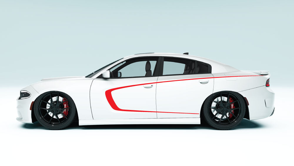 Inner Scallop Side Stripes for Dodge Charger - red decals on white car