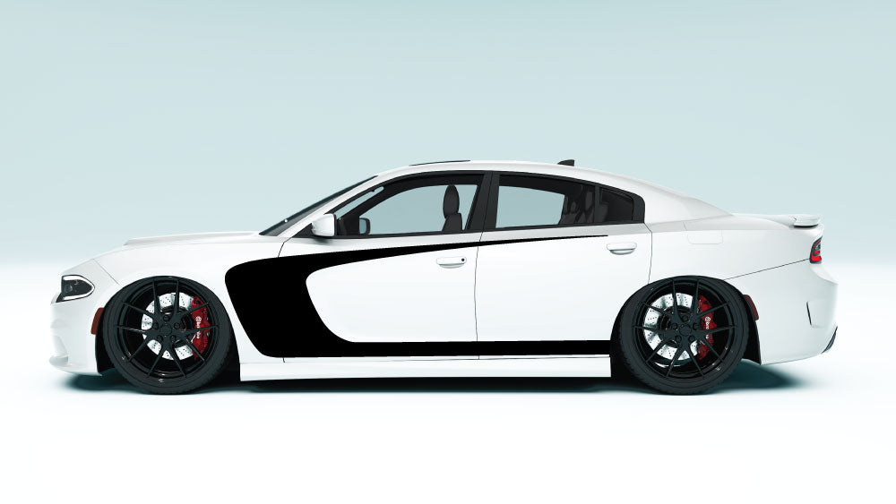 Outer Scallop C-Style Side Stripes for Dodge Charger - black decals on white car