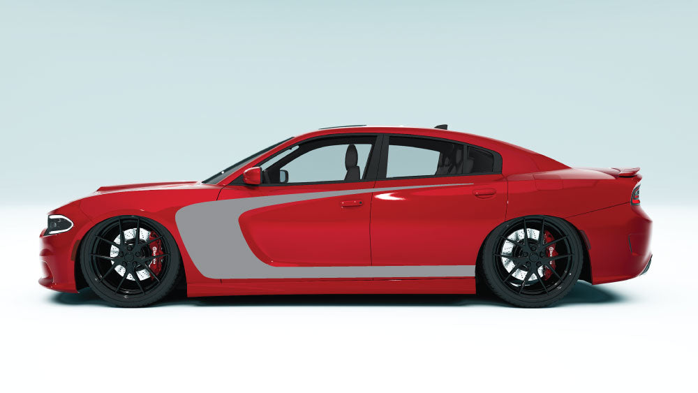 Outer Scallop C-Style Side Stripes for Dodge Charger - gray decals on red car
