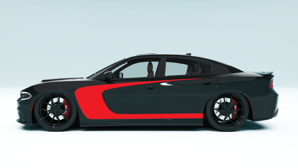 Outer Scallop C-Style Side Stripes for Dodge Charger - red decals on black car