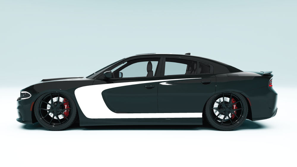 Outer Scallop C-Style Side Stripes for Dodge Charger - white decals on black car
