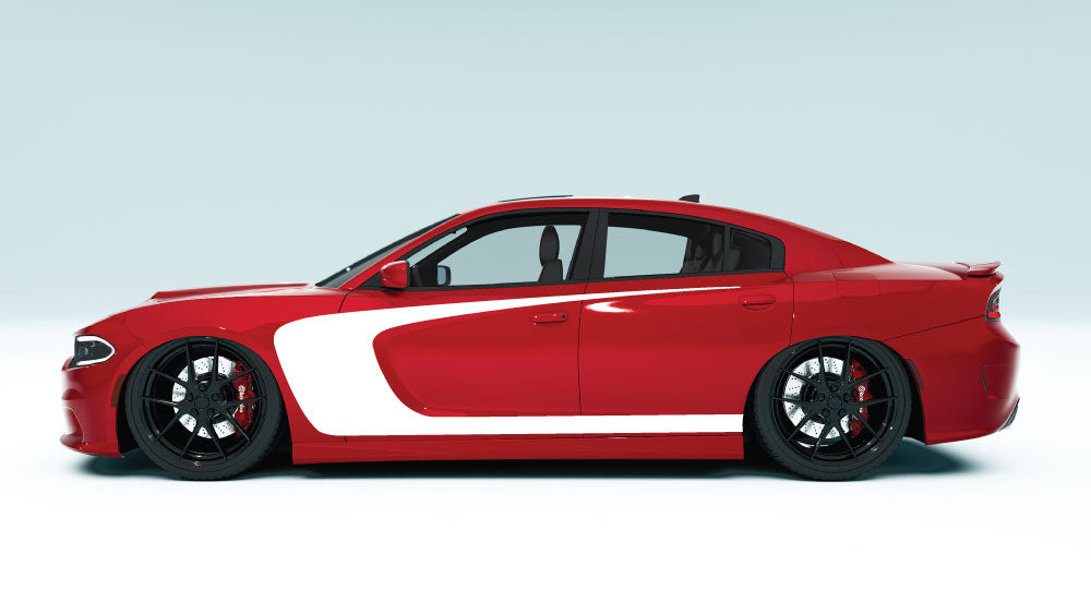 Outer Scallop C-Style Side Stripes for Dodge Charger - white decals on red car