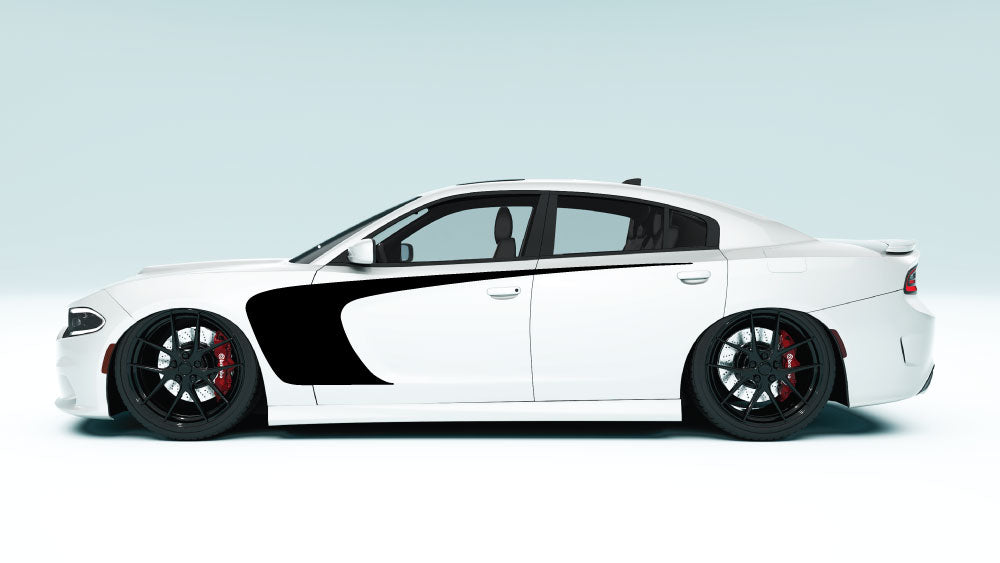 Outer Scallop Side Stripes for Dodge Charger - black decals on white car