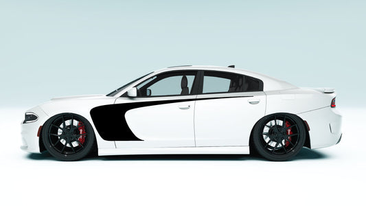 Outer Scallop Side Stripes for Dodge Charger - black decals on white car