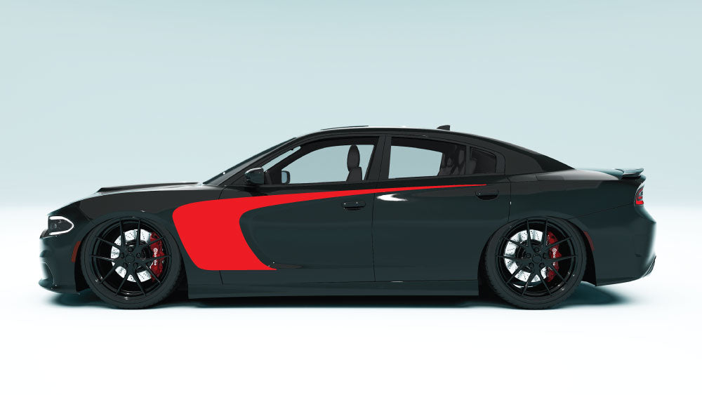 Outer Scallop Side Stripes for Dodge Charger - red decals on black car