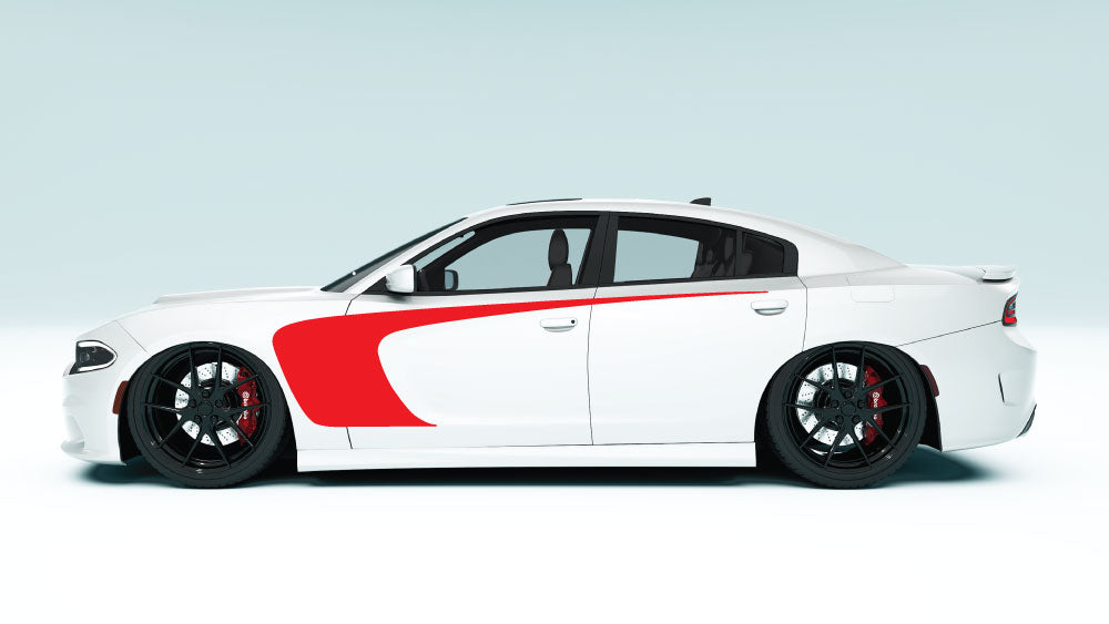 Outer Scallop Side Stripes for Dodge Charger - red decals on white car