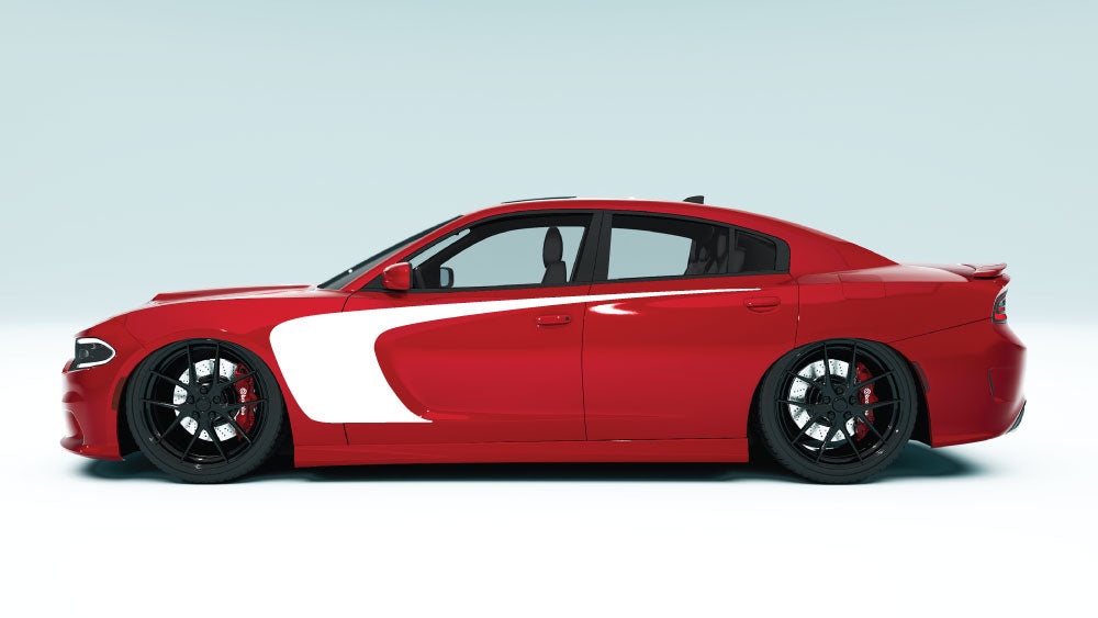 Outer Scallop Side Stripes for Dodge Charger - white decals on red car
