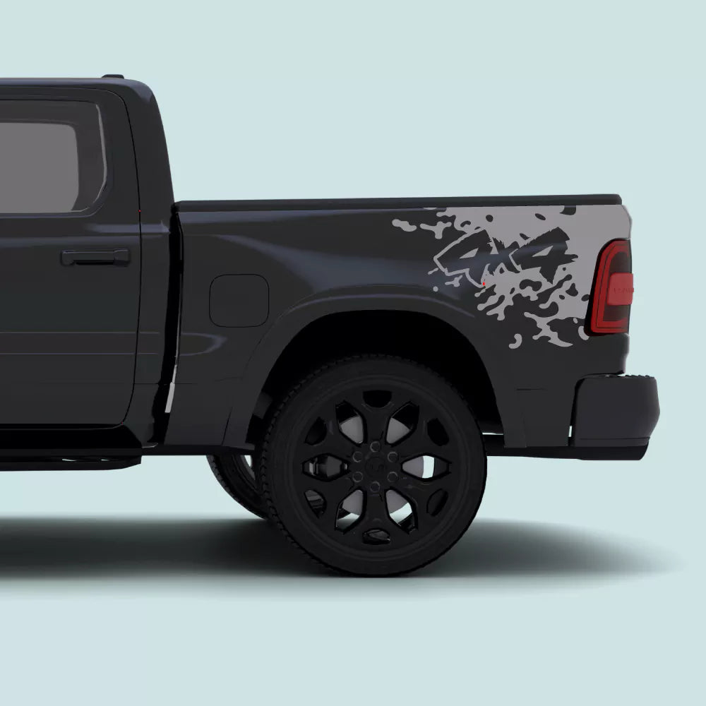 2019–Present Ram 1500 grey Mud Splash 4x4 rear bed side decal for the DT body style