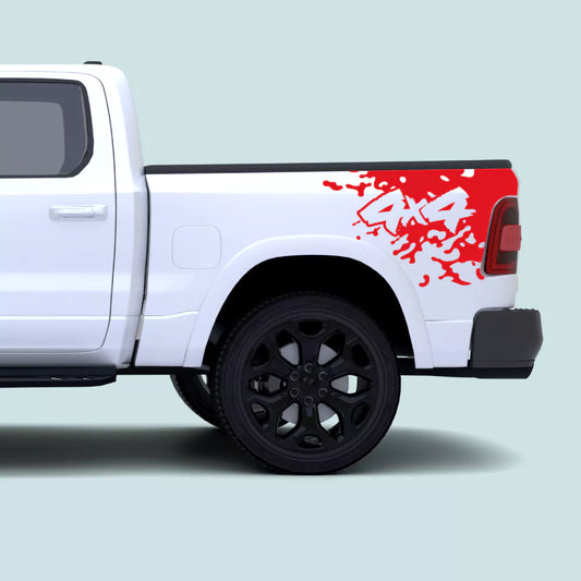 2019–Present Ram 1500 red Mud Splash 4x4 bed side decal for the rear-quarter bed panel
