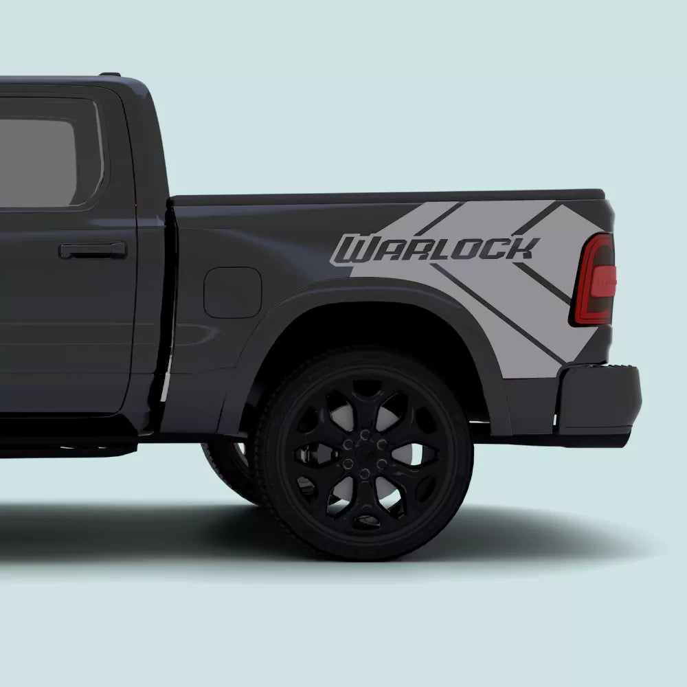 2019-Present Ram 1500 Warlock side bed decals in grey installed on the rear truck bed panel