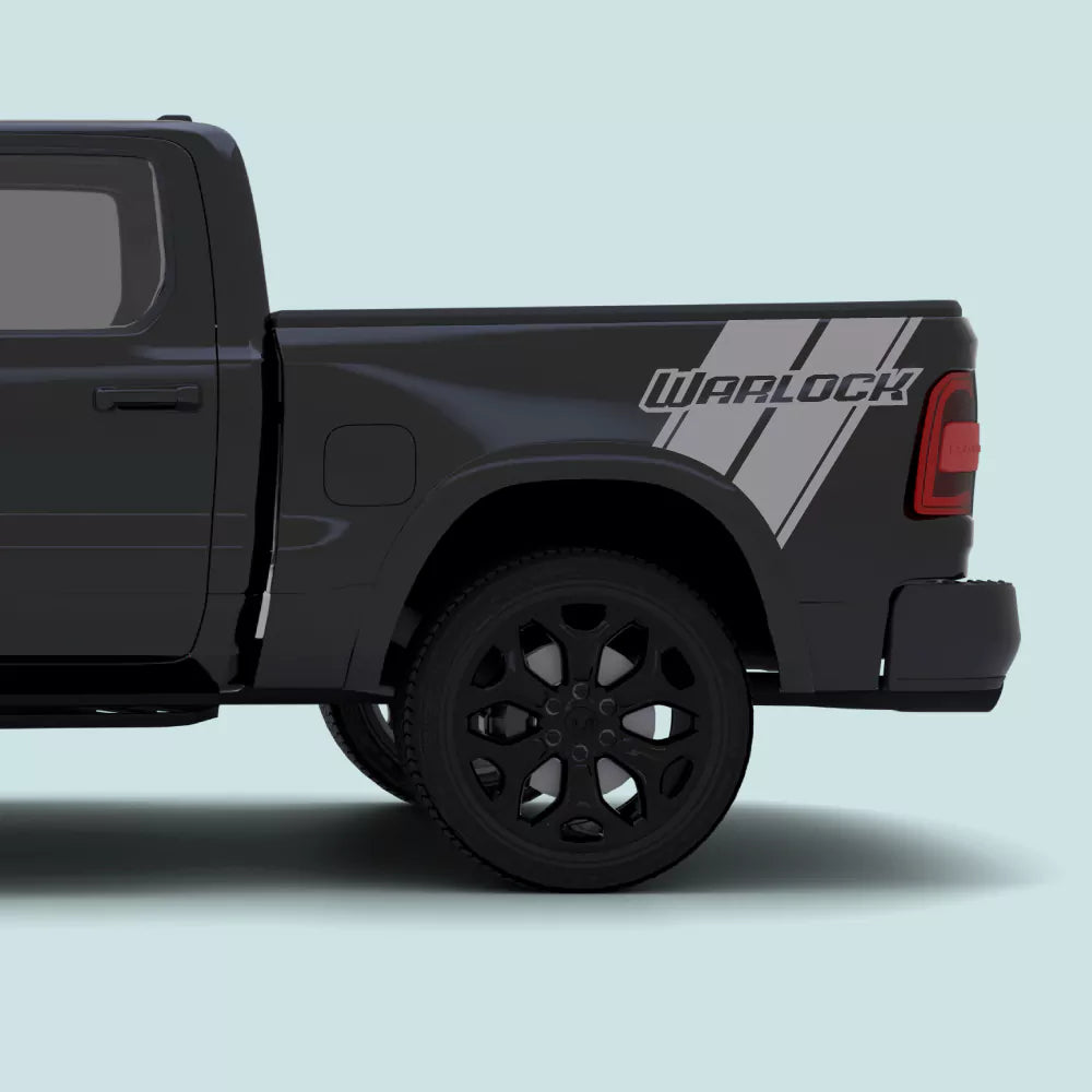 2019-present Ram 1500 with grey Warlock side bed stripe decals and Warlock text graphics