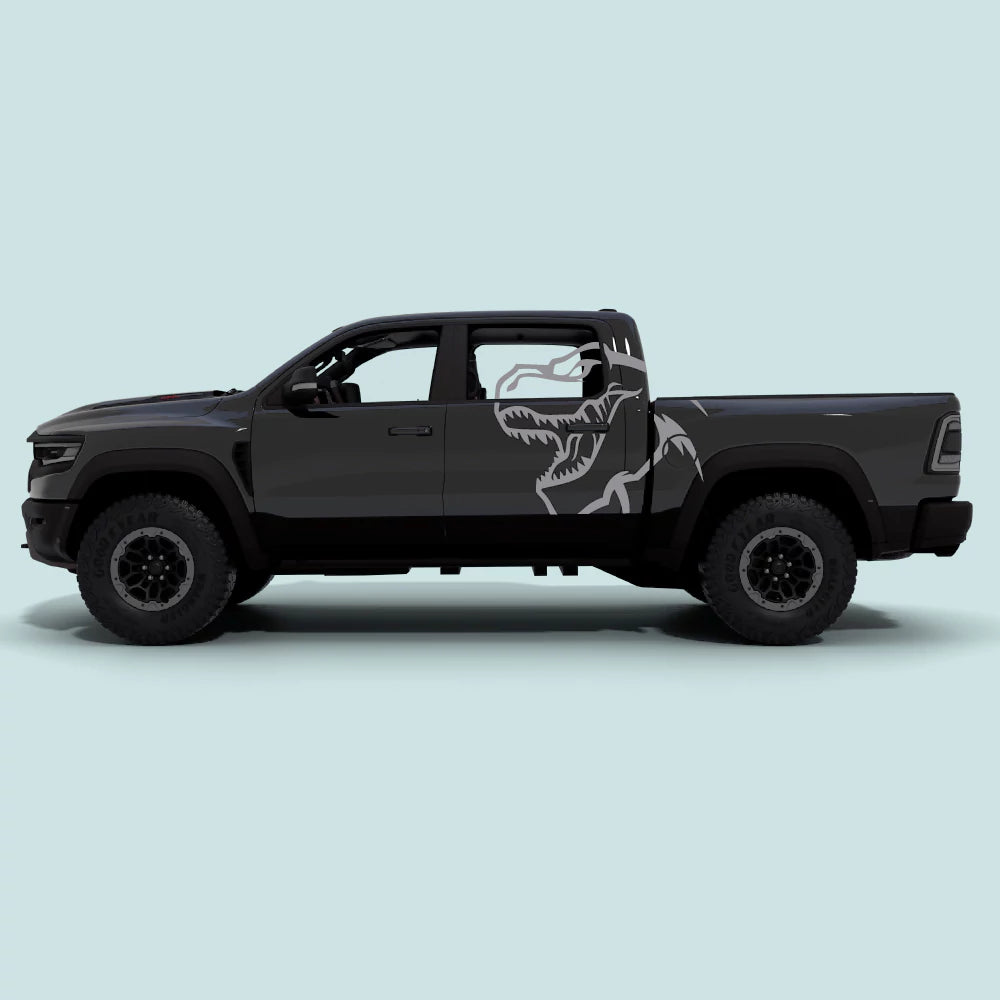 2021-2024 Ram TRX with grey TRX T-Rex XXL side decals on side doors and rear bed panels