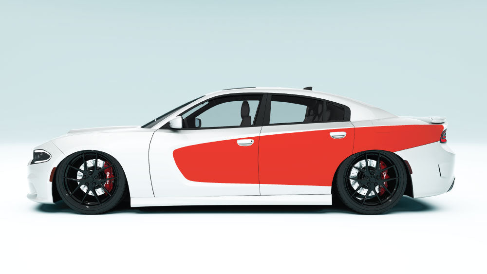 Scallop Billboard Decals and Graphics for Dodge Charger - red decals on white car