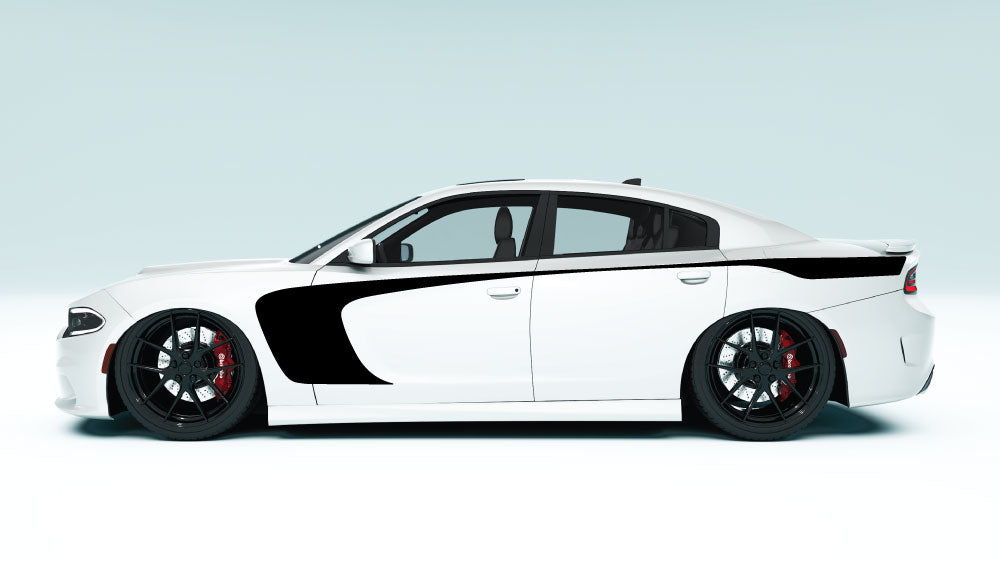 Side Scallop Outer Edge Stripes for Dodge Charger - black decals on white car