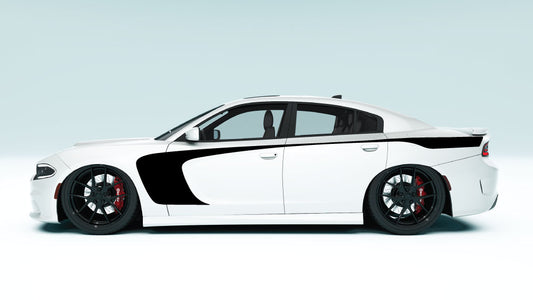 Side Scallop Outer Edge Stripes for Dodge Charger - black decals on white car