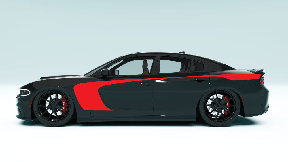 Side Scallop Outer Edge Stripes for Dodge Charger - red decals on black car